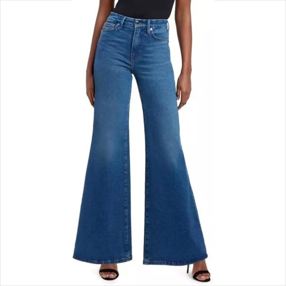 Good American Waist Palazzo wide leg flared jeans denim high waist blue new 2 26 - Picture 1 of 5